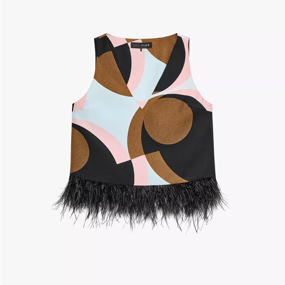 Zara Geometric Pattern Top in Pink, Blue, and Brown